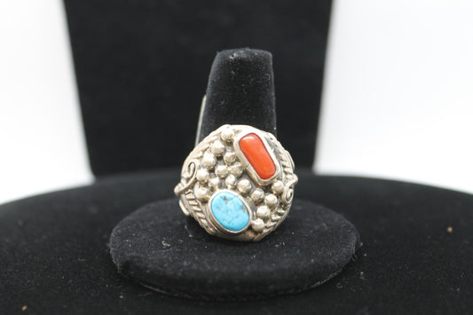 Sterling silver turquoise coral ring